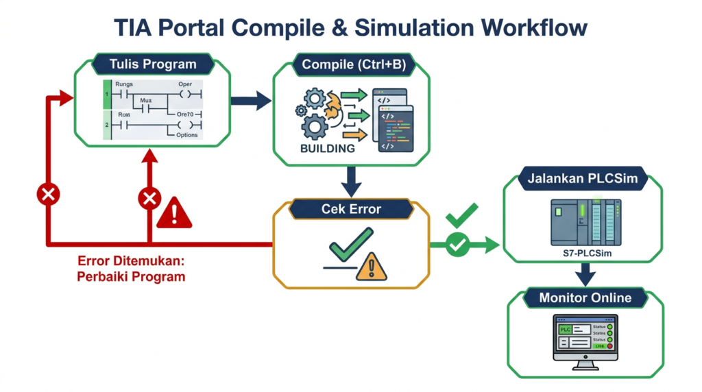 alur compile dan simulasi program plc di tia portal